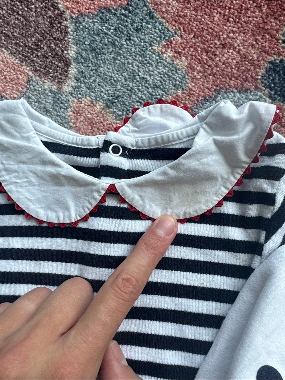 Jacadi- Striped and Polka Dot Peter Pan Collar Baby One-Piece (Black & White)